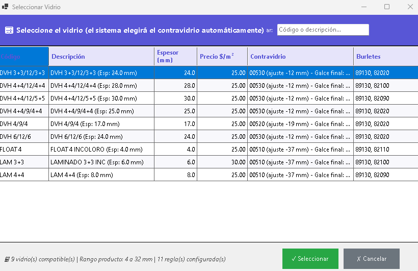 Selección de vidrios en Asoftware