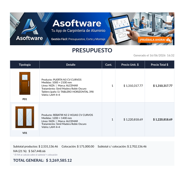 Presupuesto exportado en PDF por Asoftware